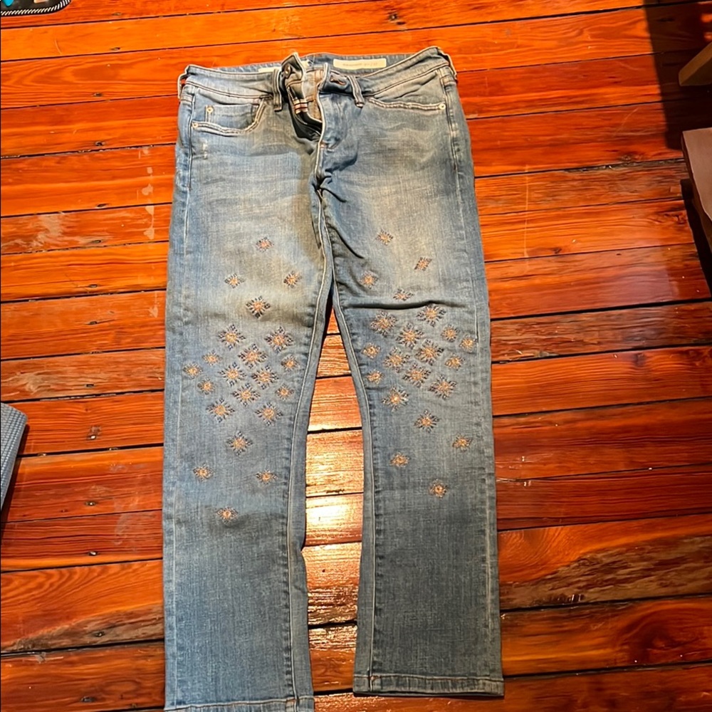 Pilcro Blue Straight Leg Jeans with Unique Embellishments